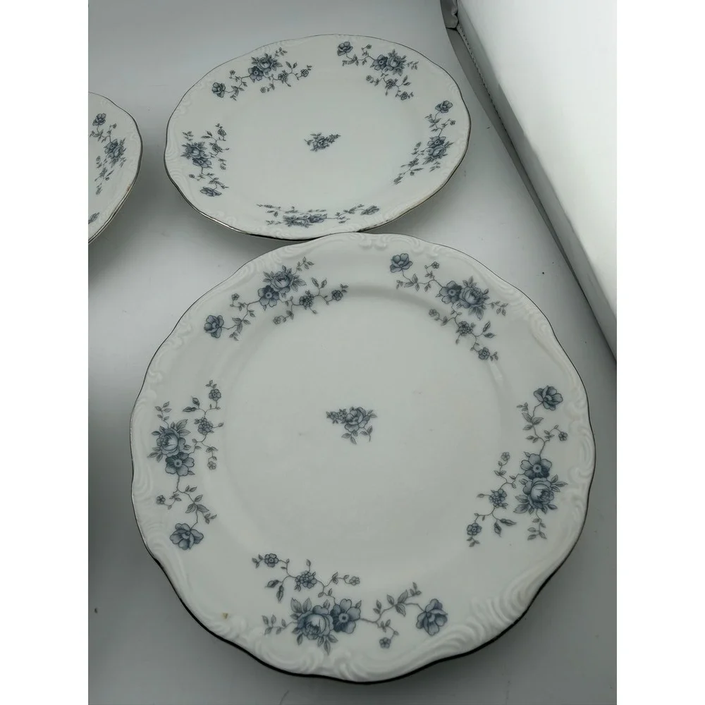 Johann Haviland Bavaria‎ Plates Blue Floral Silver Rim Set of 4